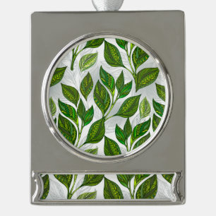 Seamless Pattern with Green Tea Leaves Silver Plated Banner Ornament