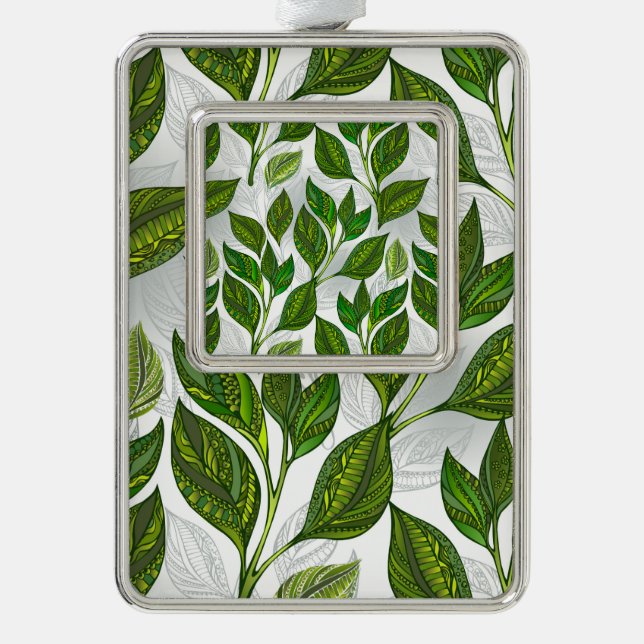 Seamless Pattern with Green Tea Leaves Silver Plated Framed Ornament (Front)