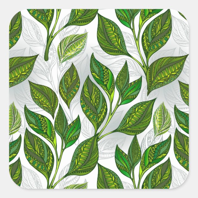 Seamless Pattern with Green Tea Leaves Square Sticker (Front)