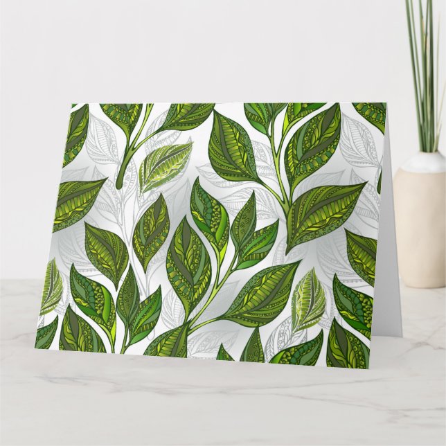 Seamless Pattern with Green Tea Leaves Thank You Card (Front)