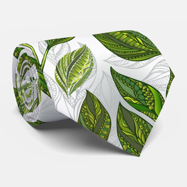 Seamless Pattern with Green Tea Leaves Tie (Rolled)