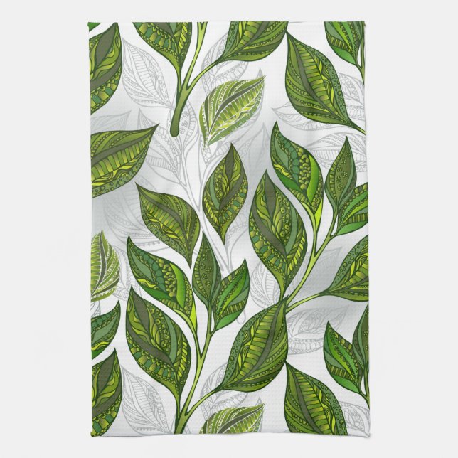 Seamless Pattern with Green Tea Leaves Towel (Vertical)