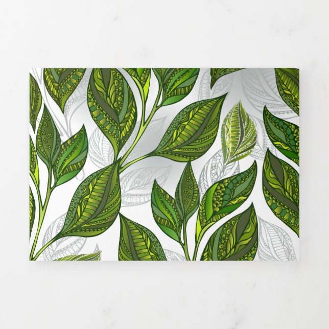 Seamless Pattern with Green Tea Leaves Tri-Fold Announcement (Cover)