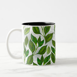 Seamless Pattern with Green Tea Leaves Two-Tone Coffee Mug