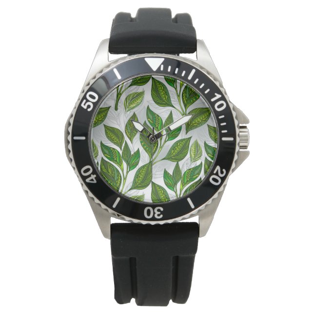 Seamless Pattern with Green Tea Leaves Watch (Front)