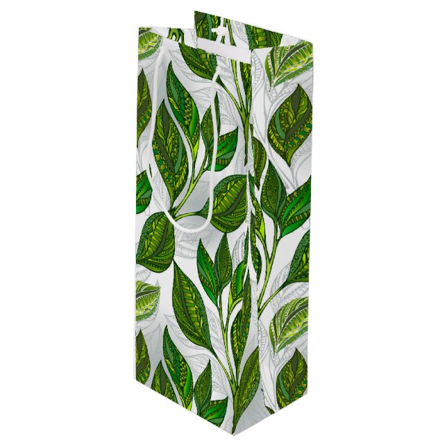 Seamless Pattern with Green Tea Leaves Wine Gift Bag (Front Angled)