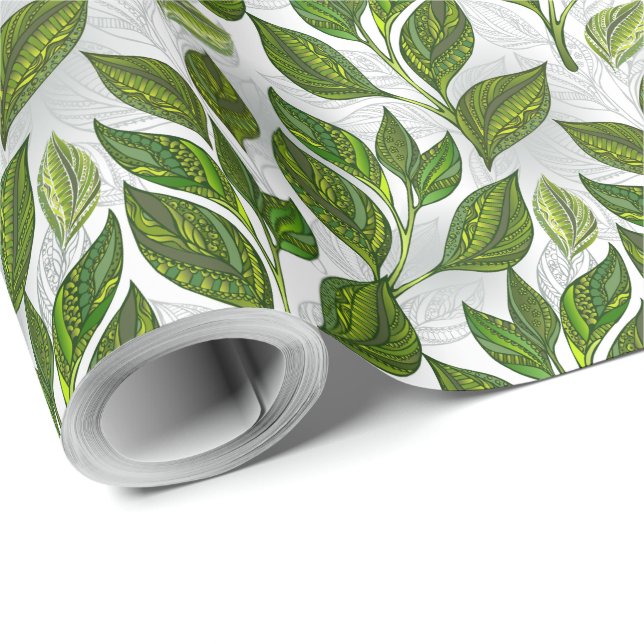 Seamless Pattern with Green Tea Leaves Wrapping Paper (Roll Corner)