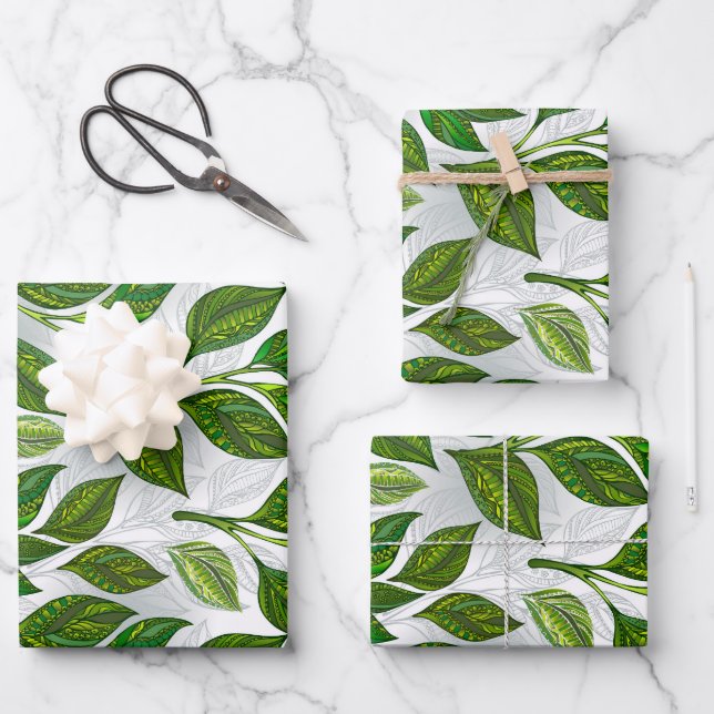Seamless Pattern with Green Tea Leaves Wrapping Paper Sheet (Front)
