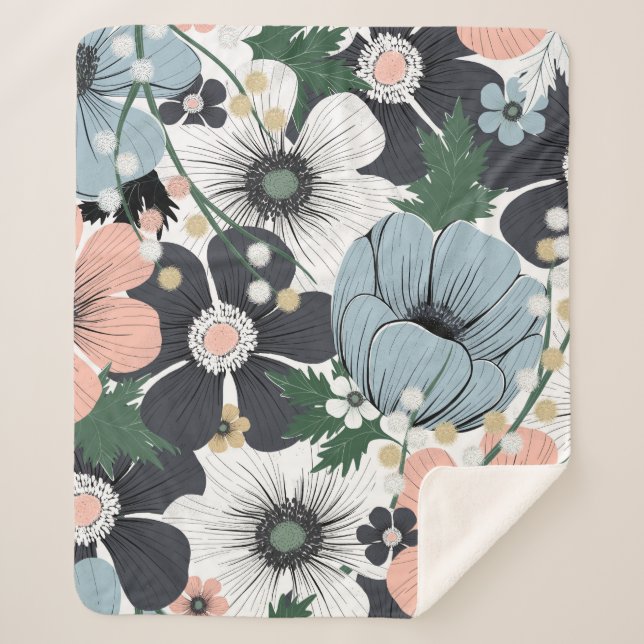 Seamless pattern with hand-drawn delicate flowers. sherpa blanket (Front)