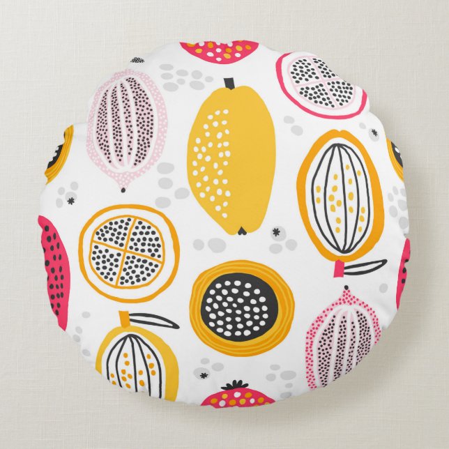 Seamless pattern with hand drawn exotic fruits. Ab Round Cushion (Front)