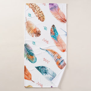 Seamless pattern with hand drawn feathers on white bath towel