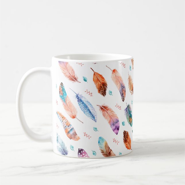 Seamless pattern with hand drawn feathers on white coffee mug (Left)