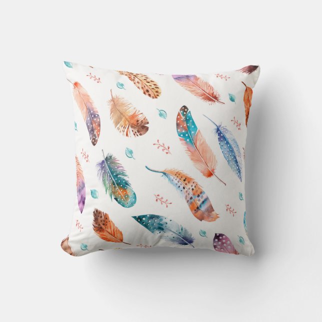 Seamless pattern with hand drawn feathers on white cushion (Front)