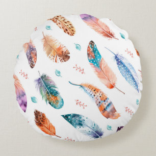 Seamless pattern with hand drawn feathers on white round cushion