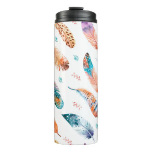 Seamless pattern with hand drawn feathers on white thermal tumbler