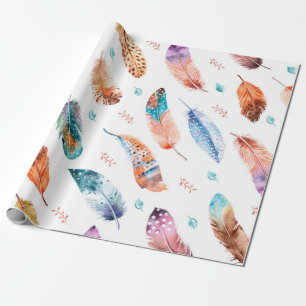 Seamless pattern with hand drawn feathers on white wrapping paper