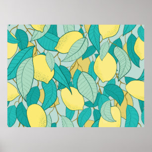 seamless pattern with hand drawn lemon garden poster