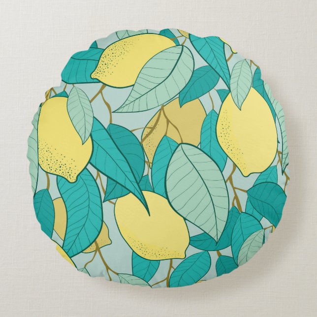 seamless pattern with hand drawn lemon garden round cushion (Front)
