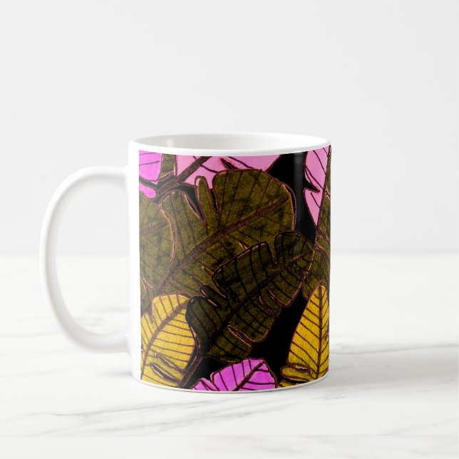 Seamless pattern with hand drawn tropical leaves.  coffee mug (Left)