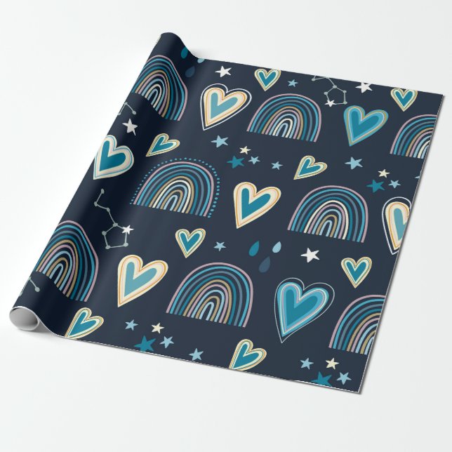 Seamless pattern with hearts, rainbows and celesti wrapping paper (Unrolled)