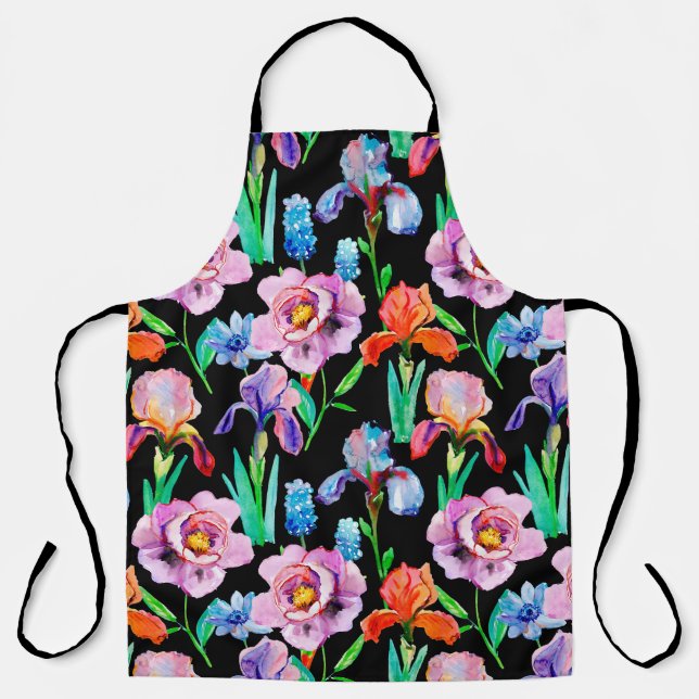 Seamless pattern with Iris and Peony flowers, Wate Apron (Front)