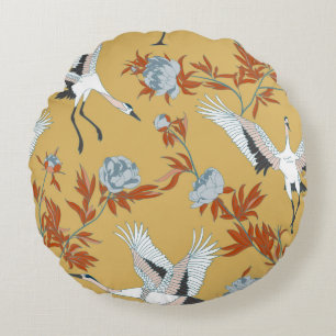 Seamless pattern with Japanese white cranes and pe Round Cushion