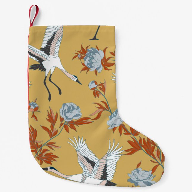 Seamless pattern with Japanese white cranes and pe Small Christmas Stocking (Front)