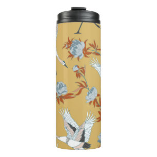 Seamless pattern with Japanese white cranes and pe Thermal Tumbler