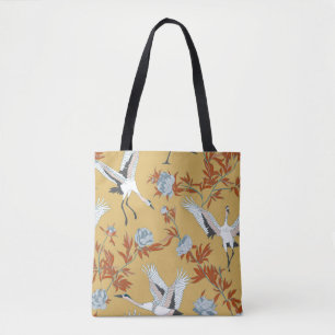 Seamless pattern with Japanese white cranes and pe Tote Bag