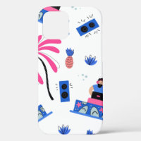 Seamless pattern with joyful dj palm trees pineapp
