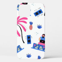 Seamless pattern with joyful dj palm trees pineapp