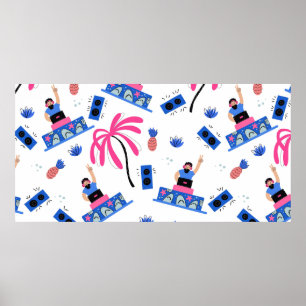 Seamless pattern with joyful dj palm trees pineapp poster