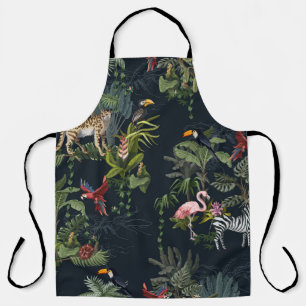 Seamless pattern with jungle animals, flowers and apron