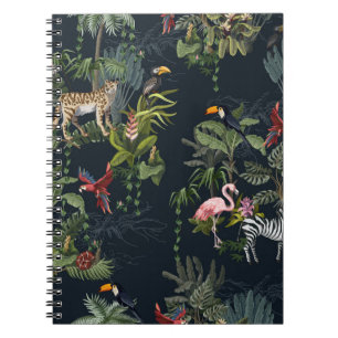 Seamless pattern with jungle animals, flowers and notebook