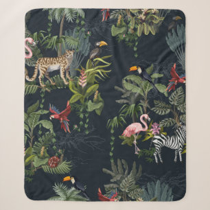 Seamless pattern with jungle animals, flowers and sherpa blanket