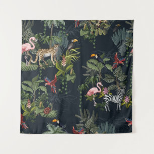 Seamless pattern with jungle animals, flowers and  tapestry