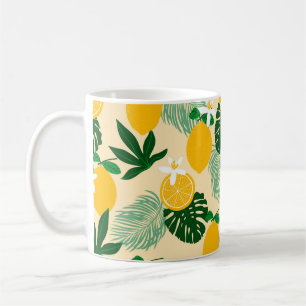 Seamless pattern with lemons and exotic palm leave coffee mug