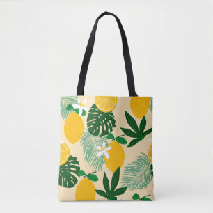 Seamless pattern with lemons and exotic palm leave tote bag