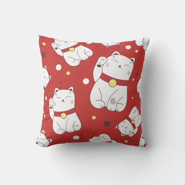 Seamless pattern with Maneki-Neko cat hand drawn i Cushion (Front)