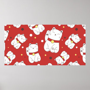 Seamless pattern with Maneki-Neko cat hand drawn i Poster