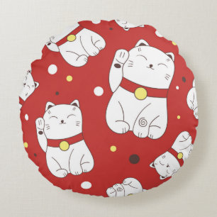 Seamless pattern with Maneki-Neko cat hand drawn i Round Cushion
