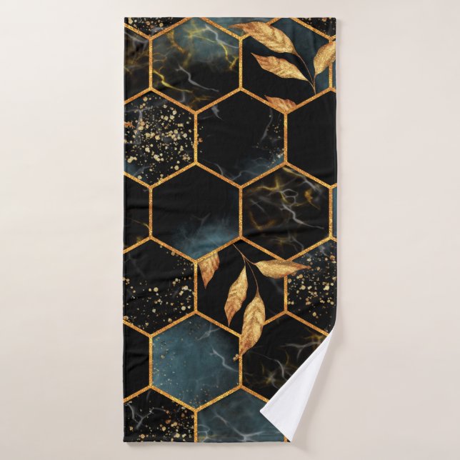 Seamless pattern with marble hexagon and golden le bath towel (Bath Towel)