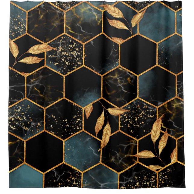 Seamless pattern with marble hexagon and golden le shower curtain (Front)