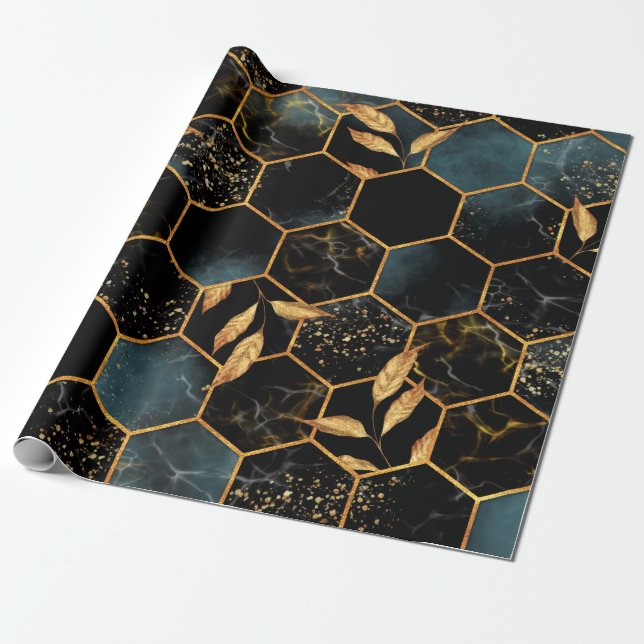 Seamless pattern with marble hexagon and golden le wrapping paper (Unrolled)