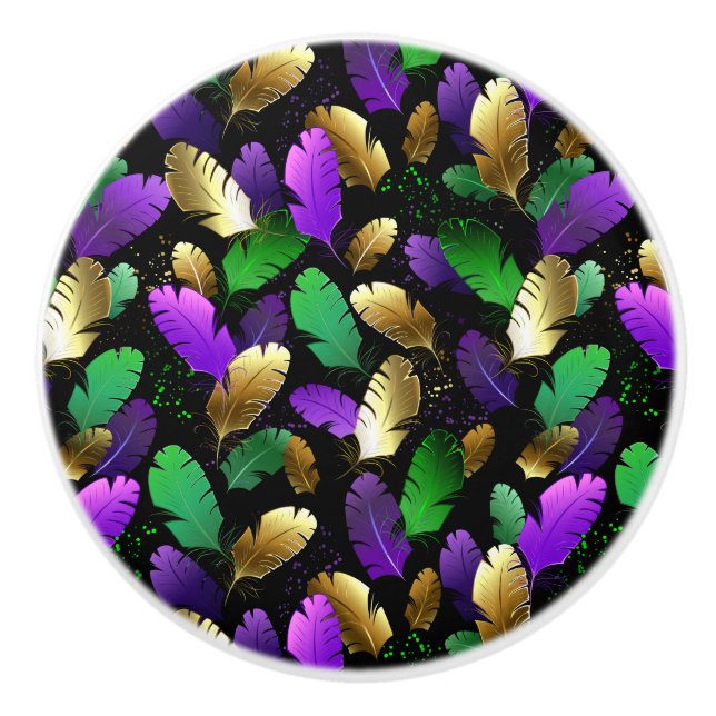 Seamless Pattern with Mardi Gras feathers Ceramic Knob (Front)
