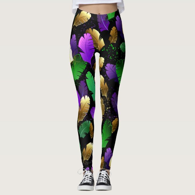 Seamless Pattern with Mardi Gras feathers Leggings (Front)