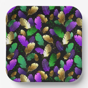 Seamless Pattern with Mardi Gras feathers Paper Plate