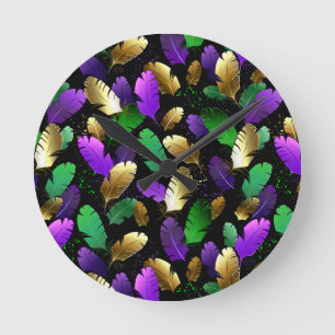 Seamless Pattern with Mardi Gras feathers Round Clock