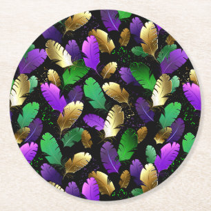Seamless Pattern with Mardi Gras feathers Round Paper Coaster