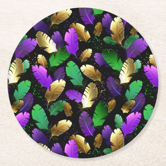 Seamless Pattern with Mardi Gras feathers Round Paper Coaster (Front)
